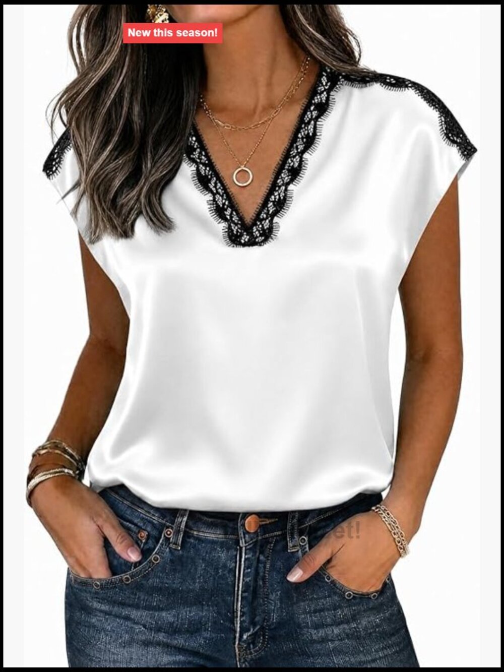 Women's Satin Lace V-Neck Cap Sleeve Casual Tank Top